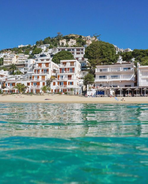 Spain,Costa,Brava,Beach,With,Buildings,Waterfront,,Mediterranean,,Seen,From